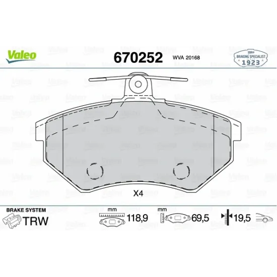 FREN BALATASI ON-KULAKSIZ - 19.5MM- VW CADDY 96-03 GOLF 89-98 PASSAT 85-91 POLO 95-02